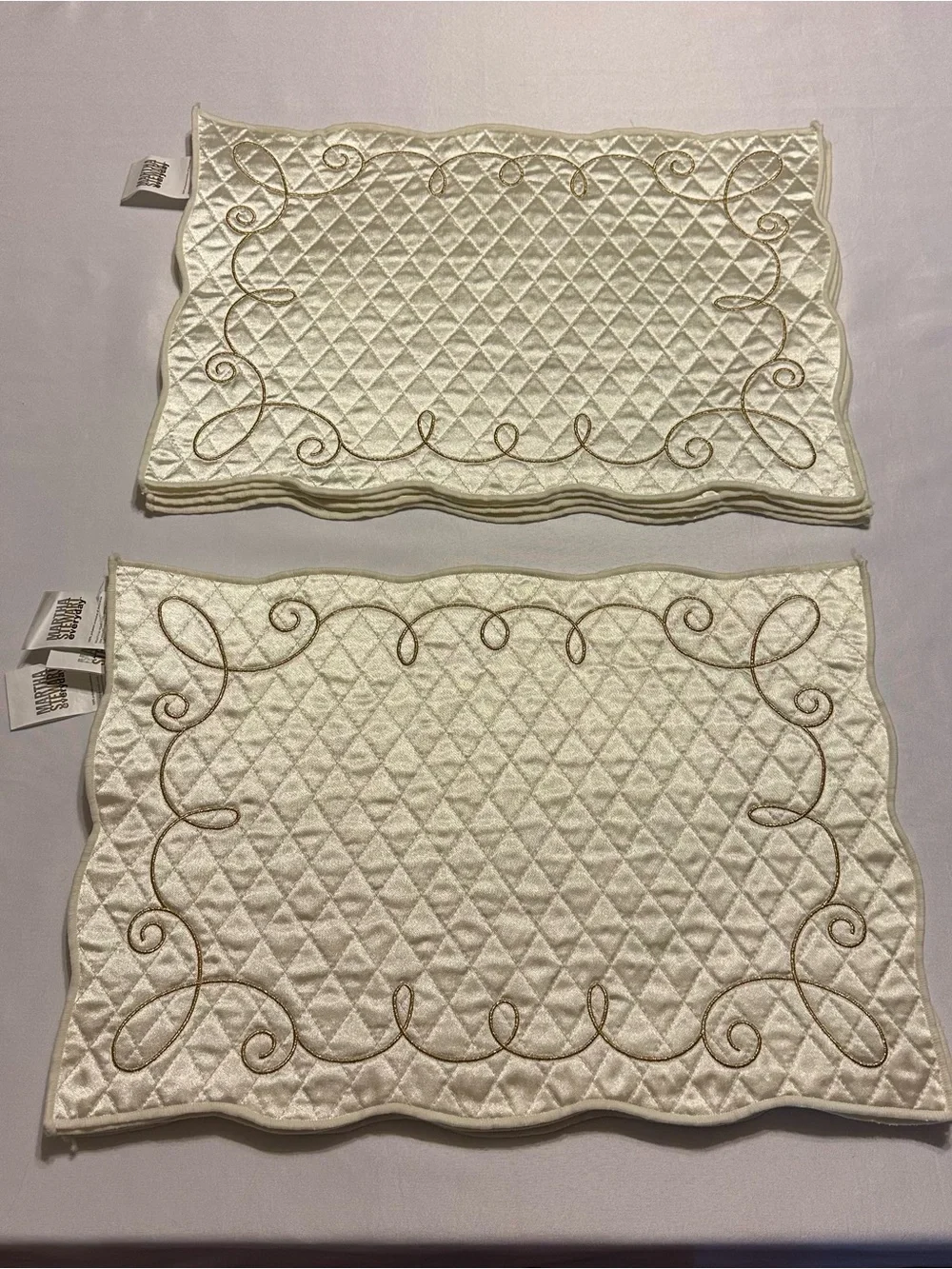 Martha Stewart Cream Quilted Placemat Set with Gold Scroll Embroidery set of 10